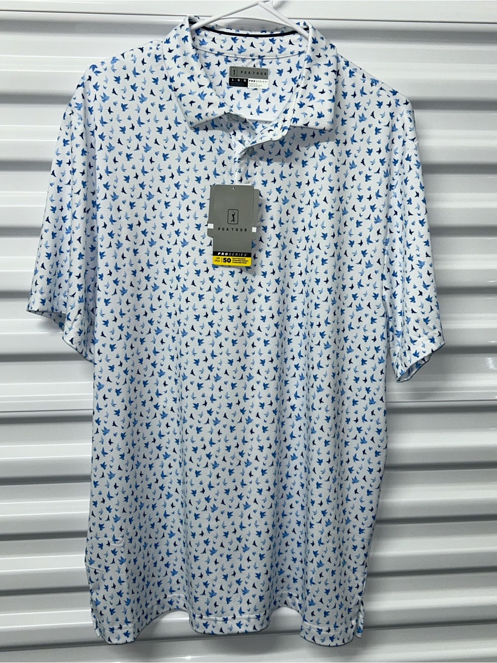 PGA Tour White Polo with Blue Bird Print
